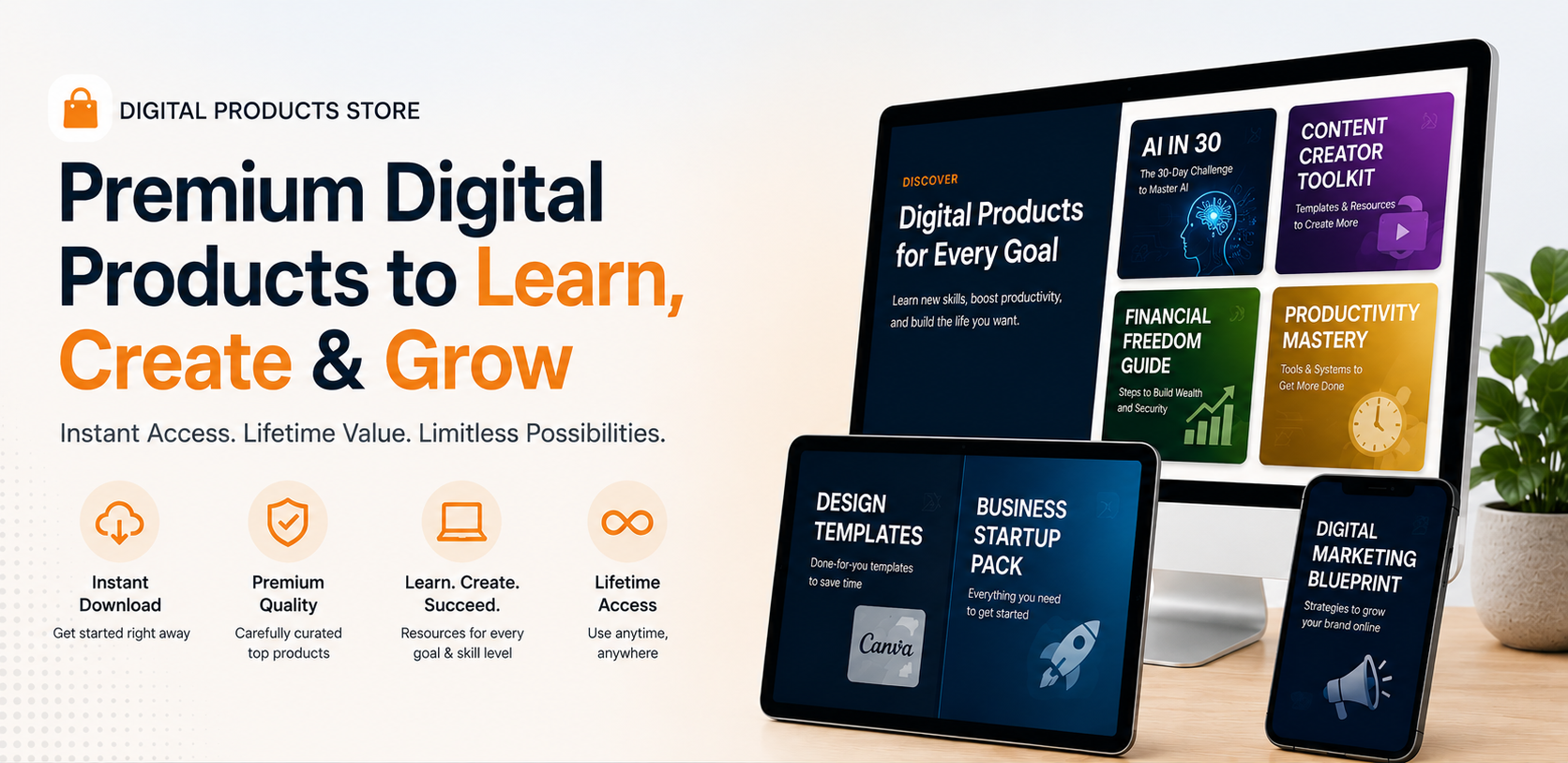 Digital products store offering AI courses, ChatGPT training, online learning, AI automation, productivity tools, and digital downloads for beginners and professionals.